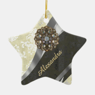 Pretty personalized girly cream damask pattern ceramic ornament
