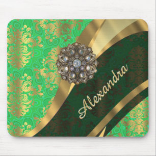Pretty personalized girly green damask pattern mouse pad