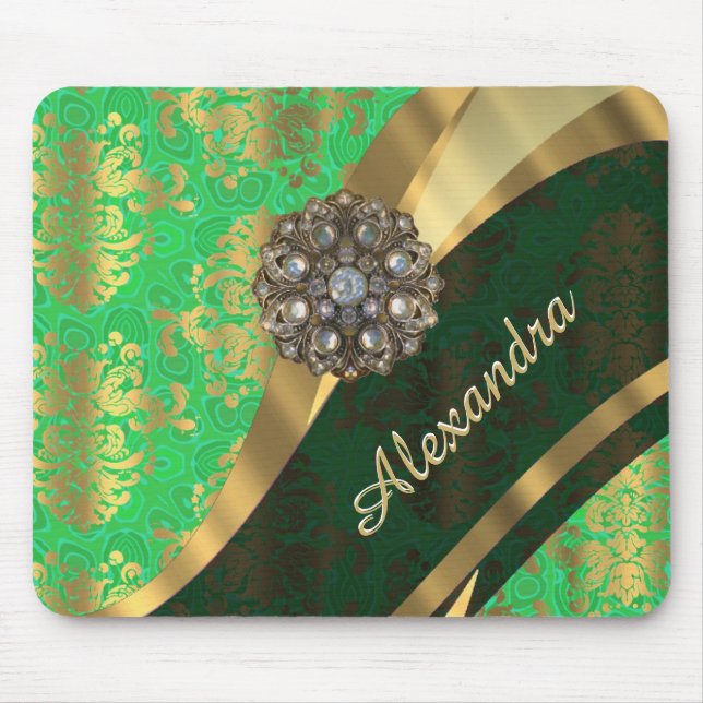 Pretty personalized girly green damask pattern mouse pad (Front)