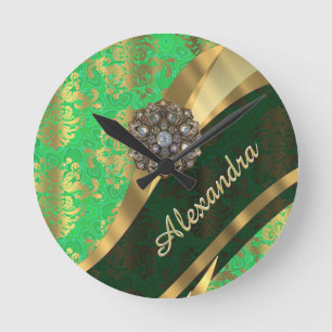 Pretty personalized girly green damask pattern round clock