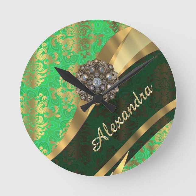 Pretty personalized girly green damask pattern round clock (Front)