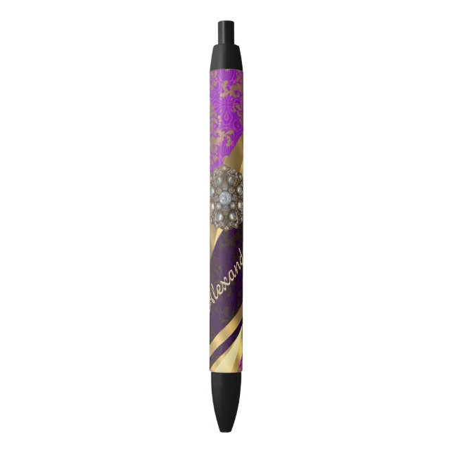 Pretty personalized girly purple damask patten black ink pen (Front Vertical)