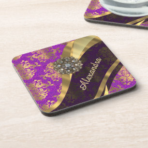 Pretty personalized girly purple damask patten coaster