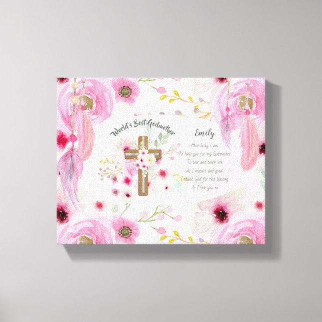 Pretty Personalized GODMOTHER Poem Pink Floral  Canvas Print (Front)