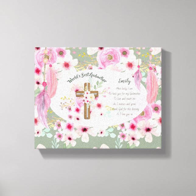 Pretty Personalized GODMOTHER Poem Pink Floral  Canvas Print (Front)