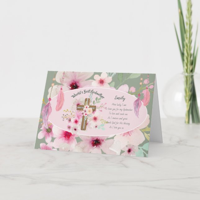 Pretty Personalized GODMOTHER Poem Pink Floral  Card (Front)