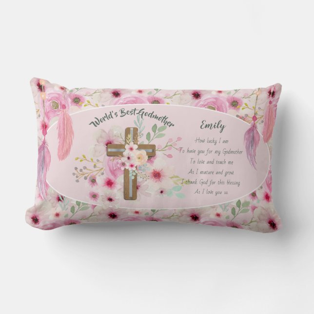 Pretty Personalized GODMOTHER Poem Pink Floral  Lumbar Pillow (Front)