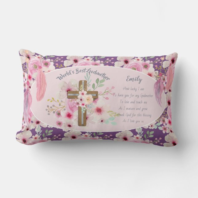 Pretty Personalized GODMOTHER Poem Pink Floral  Lumbar Pillow (Front)