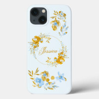 Pretty Personalized Gold Blue Winter Floral