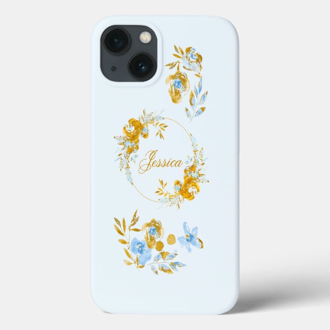 Pretty Personalized Gold Blue Winter Floral Case-Mate iPhone Case (Back)