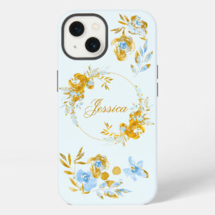 Pretty Personalized Gold Blue Winter Floral iPhone 13 Case