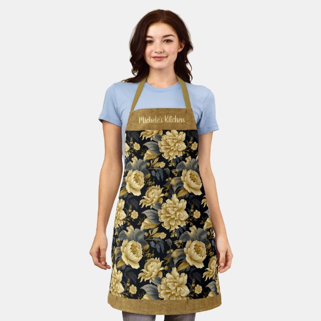 Pretty Personalized Gold Floral Apron (Worn)