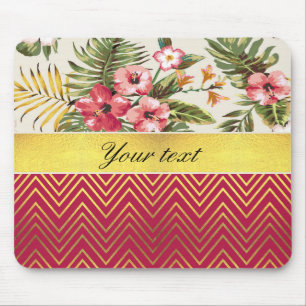 Pretty Personalized Hibiscus and Chevrons Mouse Pad