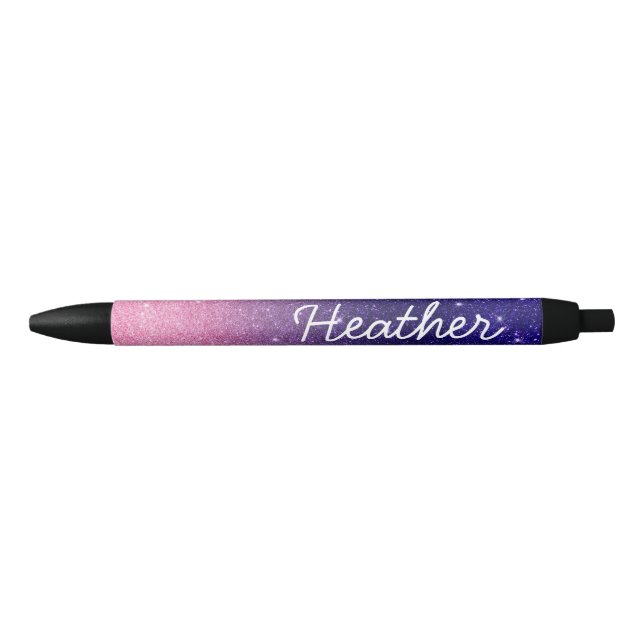 Pretty Personalized Name Ombre Glitter Purple Pink Black Ink Pen (Front)