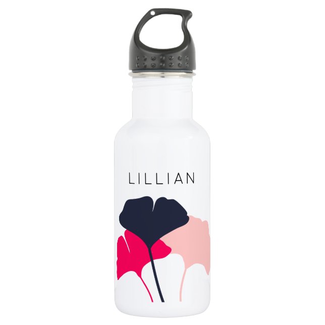 Pretty Personalized Navy Blue & Pink Ginkgo Leaves 532 Ml Water Bottle (Front)