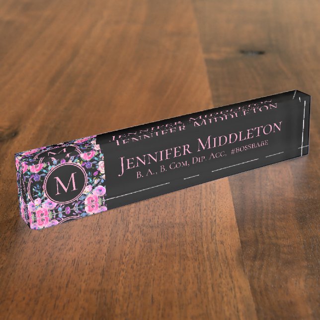 Pretty Personalized Pink Black Floral Monogram Nameplate (Side)