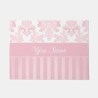 Pretty Personalized Pink Damask and Stripes Doormat