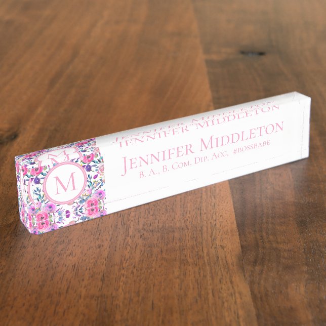 Pretty Personalized Pink Floral Monogram Nameplate (Side)