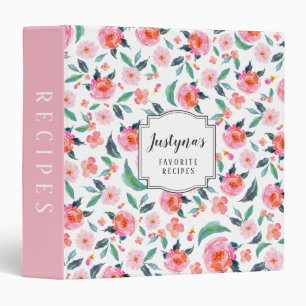 Pretty Personalized Pink Floral Pattern Recipe Binder