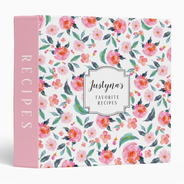 Pretty Personalized Pink Floral Pattern Recipe Binder (Front/Spine)
