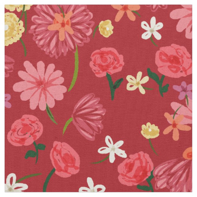Pretty Petite Flowers Pattern on Burgundy Red Fabric (Close Up)