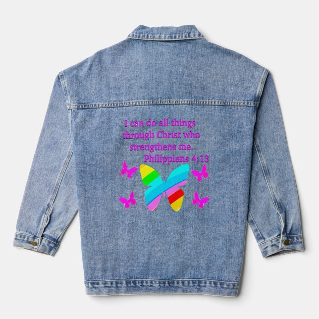 PRETTY PHILIPPIANS 4:13 BUTTERFLY DESIGN DENIM JACKET (Back)