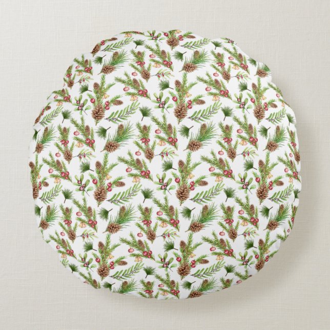 Pretty Pine Cones and Cuttings Botanical Round Pillow (Front)