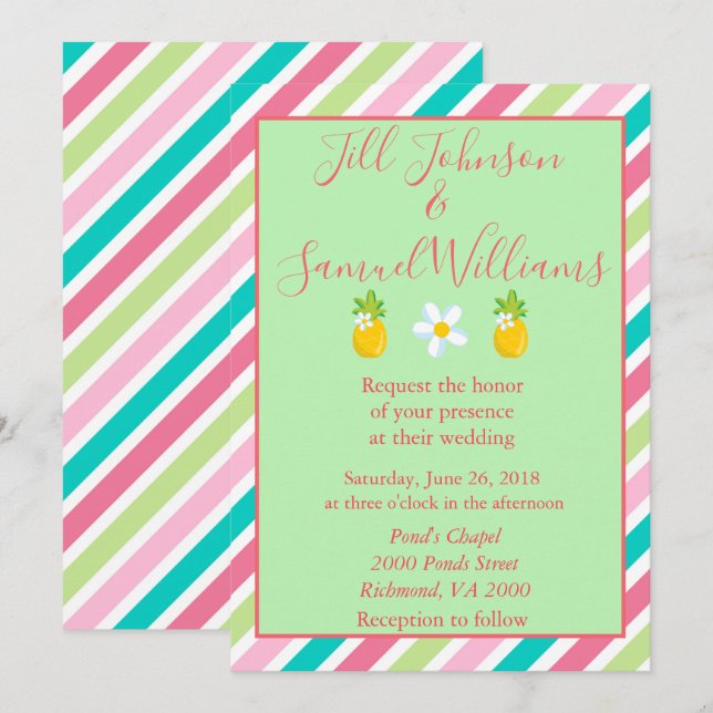 Pretty Pineapples and Stripes Wedding Invitation (Front/Back)