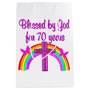 PRETTY PINK 70TH BIRTHDAY CROSS AND RAINBOWS MEDIUM GIFT BAG