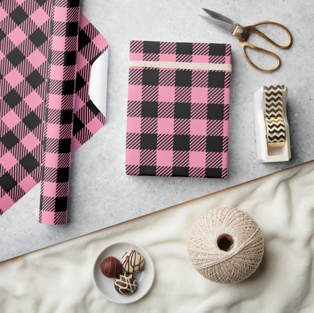 Pretty Pink And Black Buffalo Plaid  Wrapping Paper (Crafts)