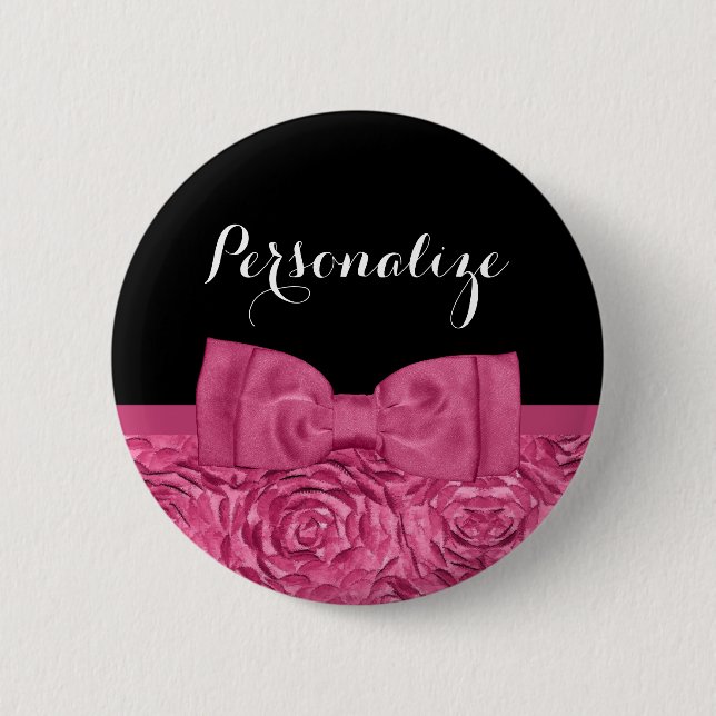Pretty Pink and Black Rose Floral Chic Bow 2 Inch Round Button (Front)