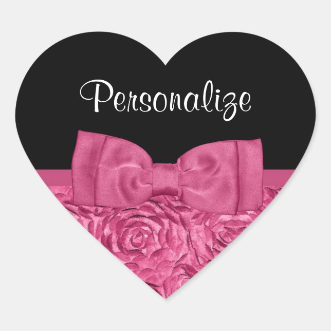 Pretty Pink and Black Rose Floral Chic Bow Heart Sticker (Front)