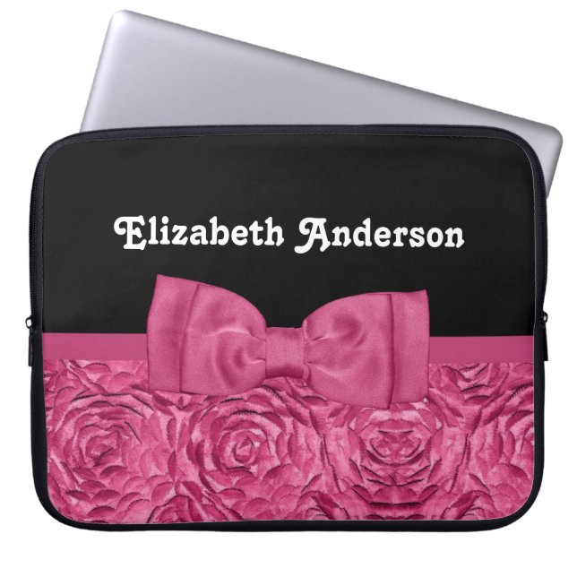 Pretty Pink and Black Rose Floral Chic Bow Laptop Sleeve (Front)