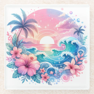 Pretty Pink and Blue Coastal Art Glass Coaster