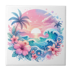Pretty Pink and Blue Coastal Art Tile