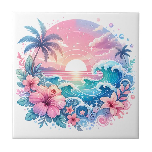 Pretty Pink and Blue Coastal Art Tile (Front)
