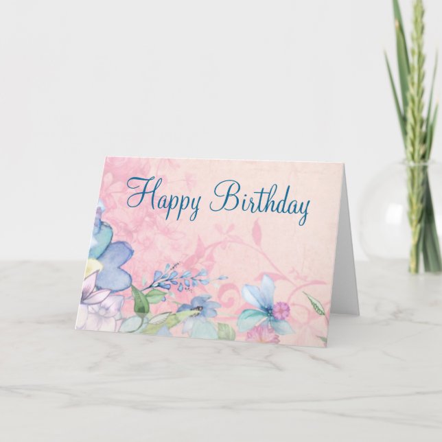 Pretty Pink and Blue Floral Background Birthday Card (Front)