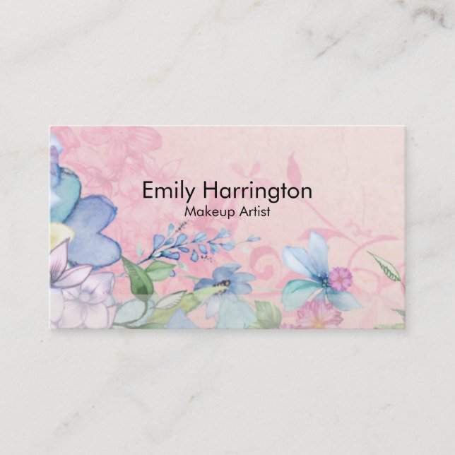 Pretty Pink and Blue Floral Background Business Card (Front)