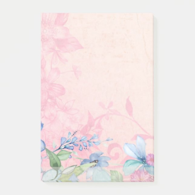 Pretty Pink and Blue Floral Background Post-it Notes (Front)