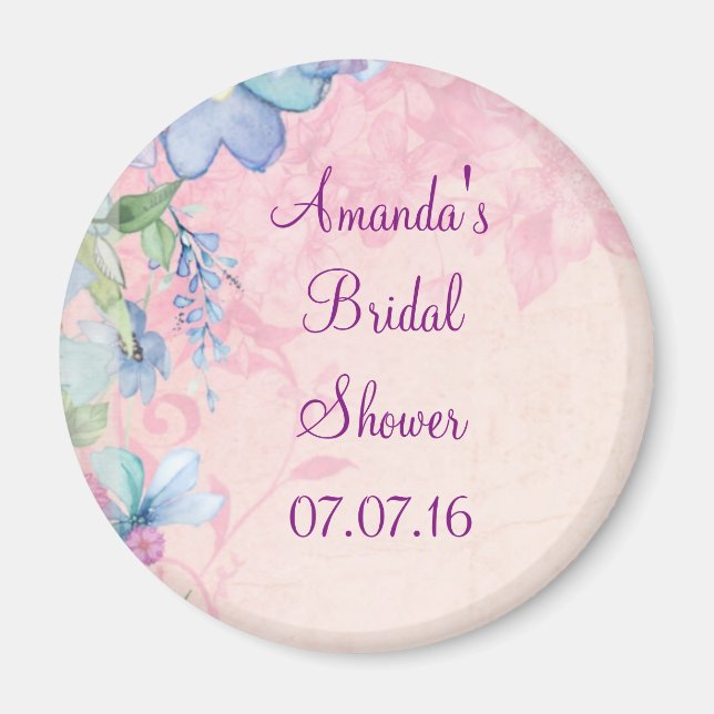 Pretty Pink and Blue Floral Bridal Shower Magnet (Front)