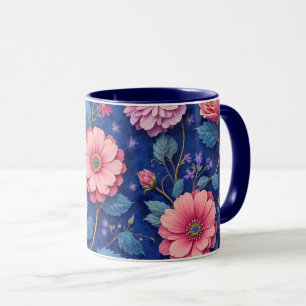 Pretty pink and blue floral pattern mug