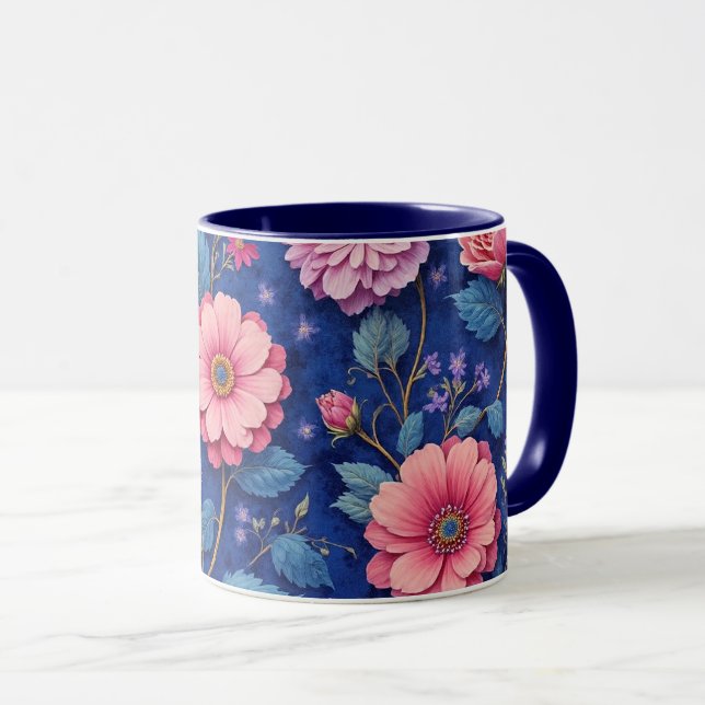 Pretty pink and blue floral pattern mug (Front Right)