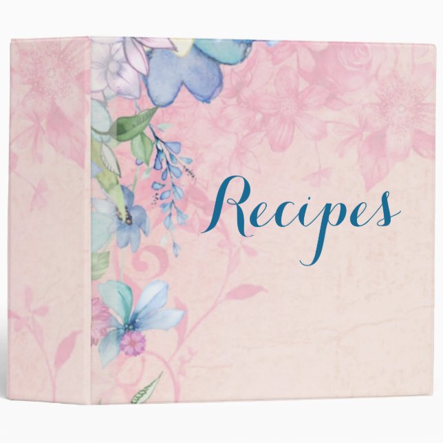 Pretty Pink and Blue Floral Recipes Binder (Front/Spine)