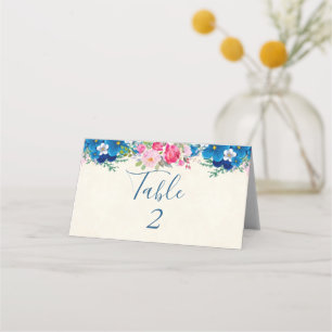 Pretty Pink and Blue Flower Border Wedding Place Card