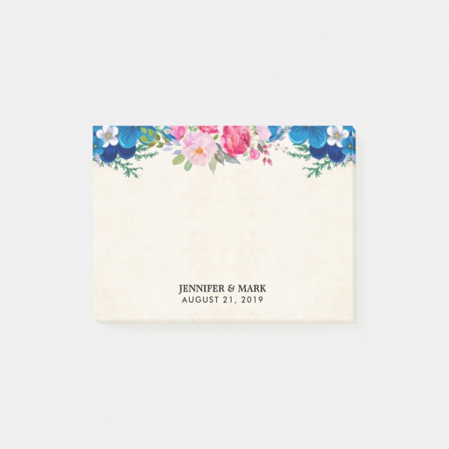 Pretty Pink and Blue Flower Border Wedding Post-it Notes (Front)