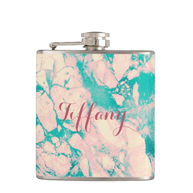 Pretty Pink and Blue Marble  Hip Flask (Front)
