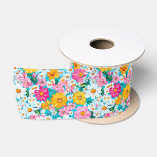 Pretty Pink and Blue Retro Floral  Satin Ribbon