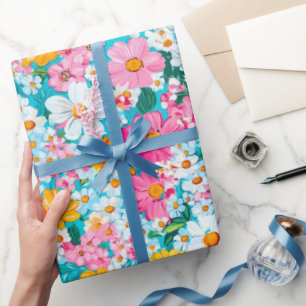 Pretty Pink and Blue Retro Floral Wrapping Paper