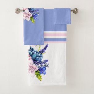 Pretty Pink and Blue Rose Floral Print Bath Towel Set