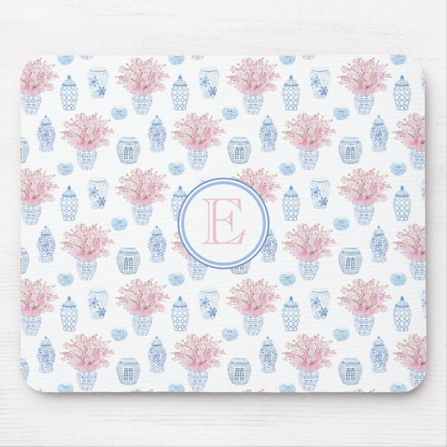 Pretty Pink And Blue Watercolor Chinoiserie Mouse Pad (Front)